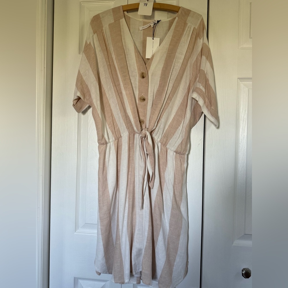 MELISSA NEPTON Beige and White Striped Midi Dress